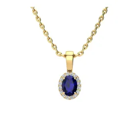 0.67 Carat Oval Shape Sapphire And Halo Diamond Necklace In 14 Karat Yellow Gold With 18 Inch Chain