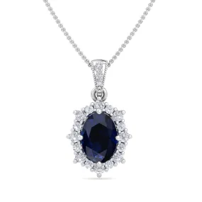 1 3/4 Carat Oval Shape Sapphire And Diamond Necklace In 14K White Gold