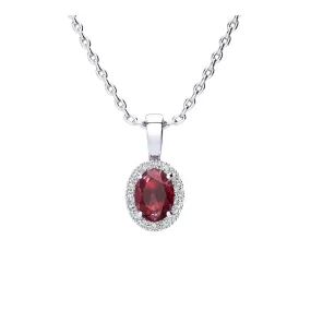 1 Carat Oval Shape Ruby And Halo Diamond Necklace In 14 Karat White Gold With 18 Inch Chain