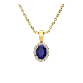 1 Carat Oval Shape Sapphire And Halo Diamond Necklace In 14 Karat Yellow Gold With 18 Inch Chain