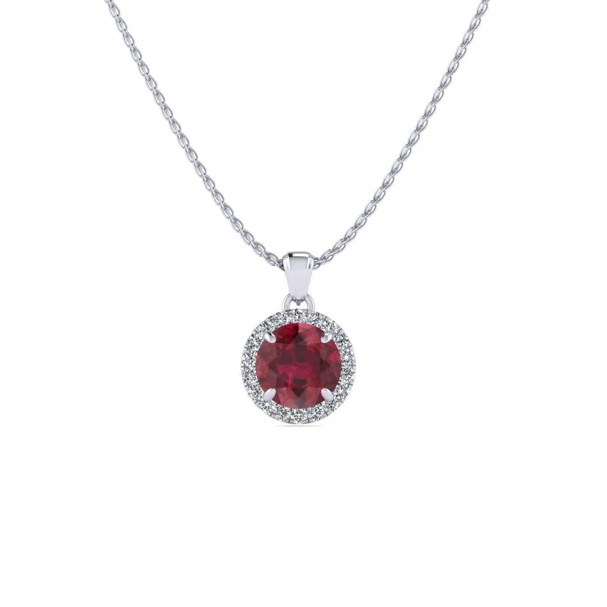 1 Carat Round Shape Ruby And Halo Diamond Necklace In 14 Karat White Gold