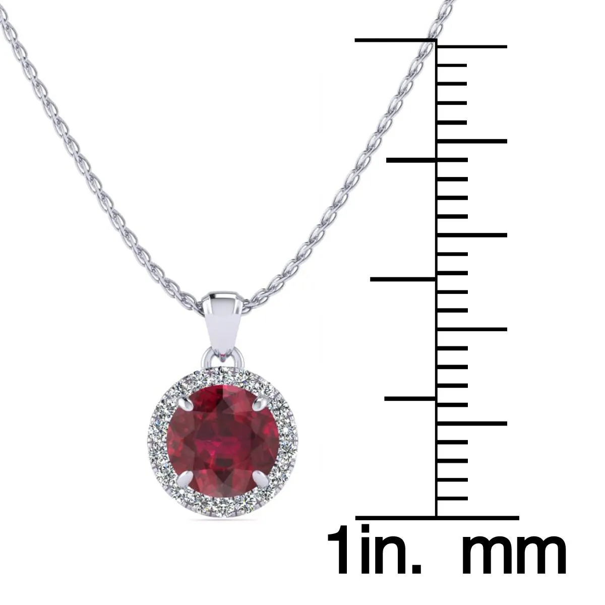 1 Carat Round Shape Ruby And Halo Diamond Necklace In 14 Karat White Gold