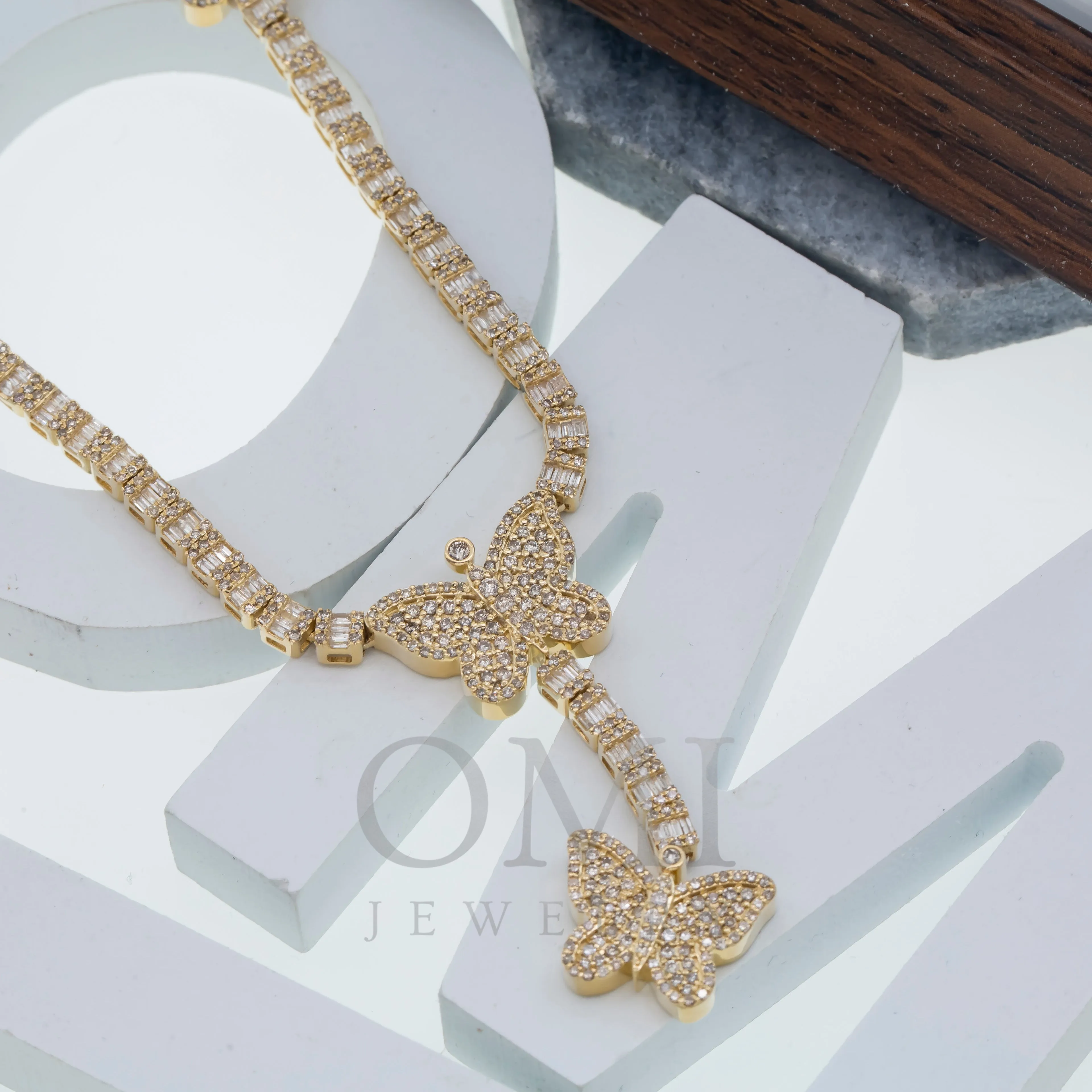 10K GOLD 3.87MM BAGUETTE DIAMOND BUTTERFLY LARIAT CHAIN 8.95 CT