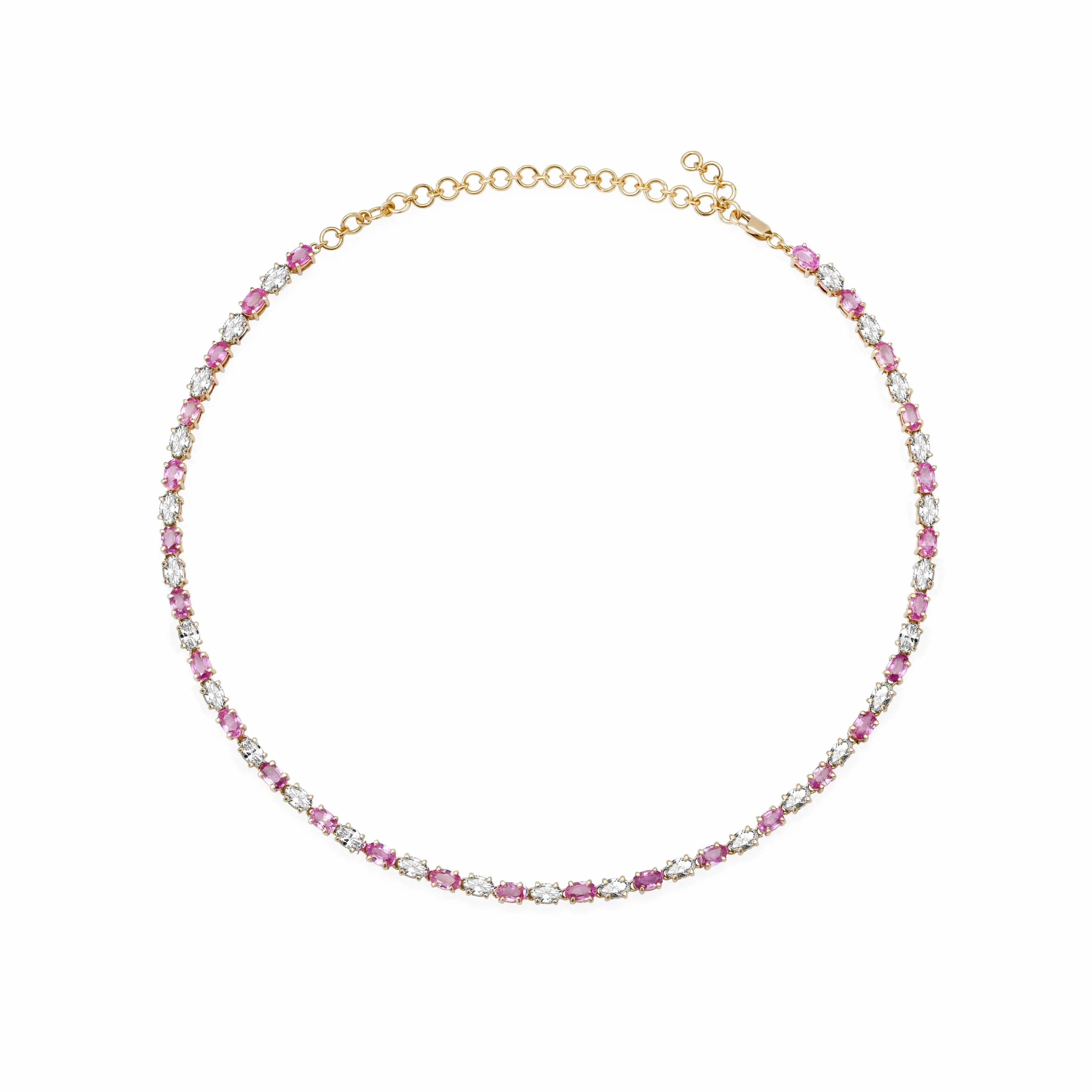 14K & 18K Gold East West Oval Alternating Pink Sapphire & Diamond Necklace