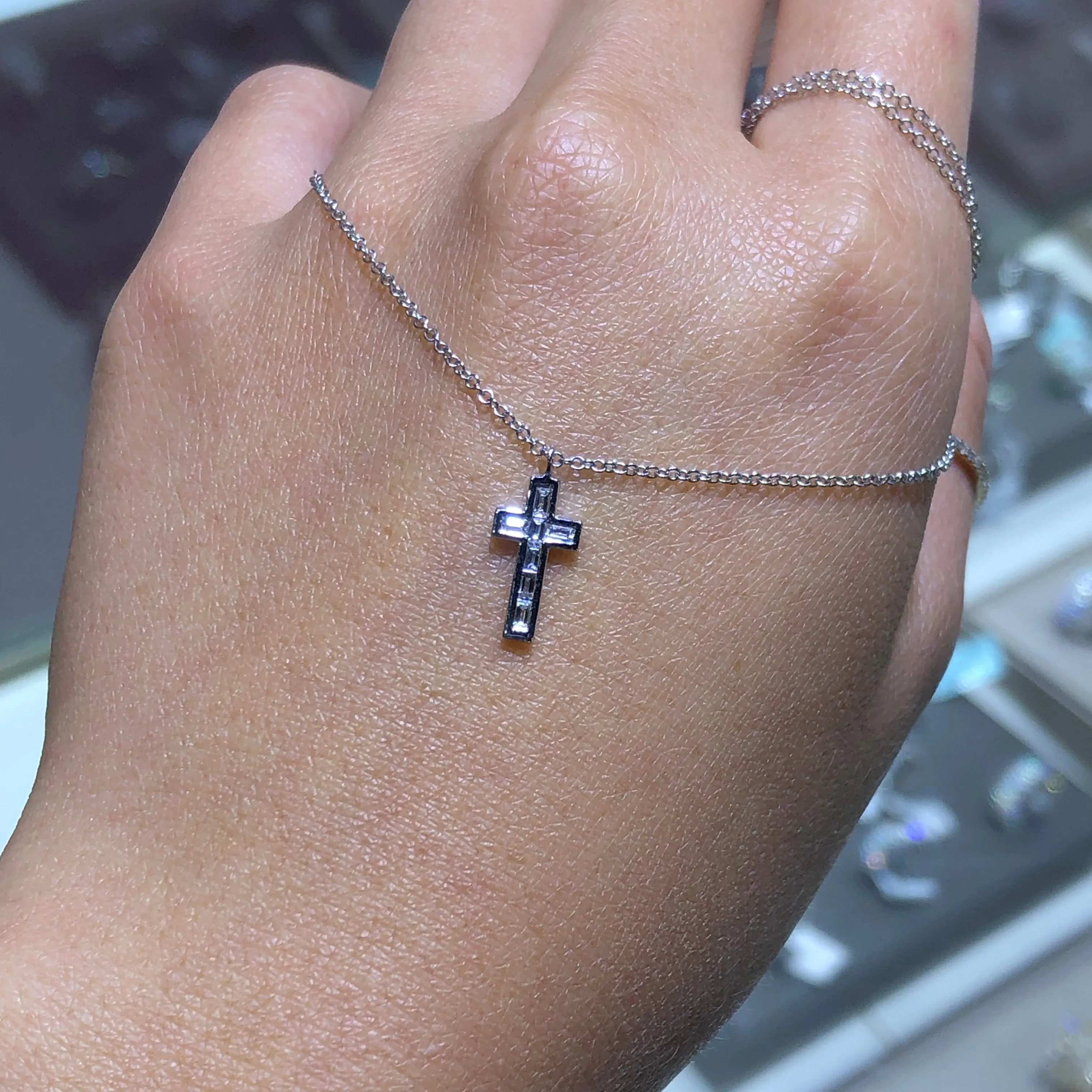 14k Gold Baguette Diamond Cross Necklace