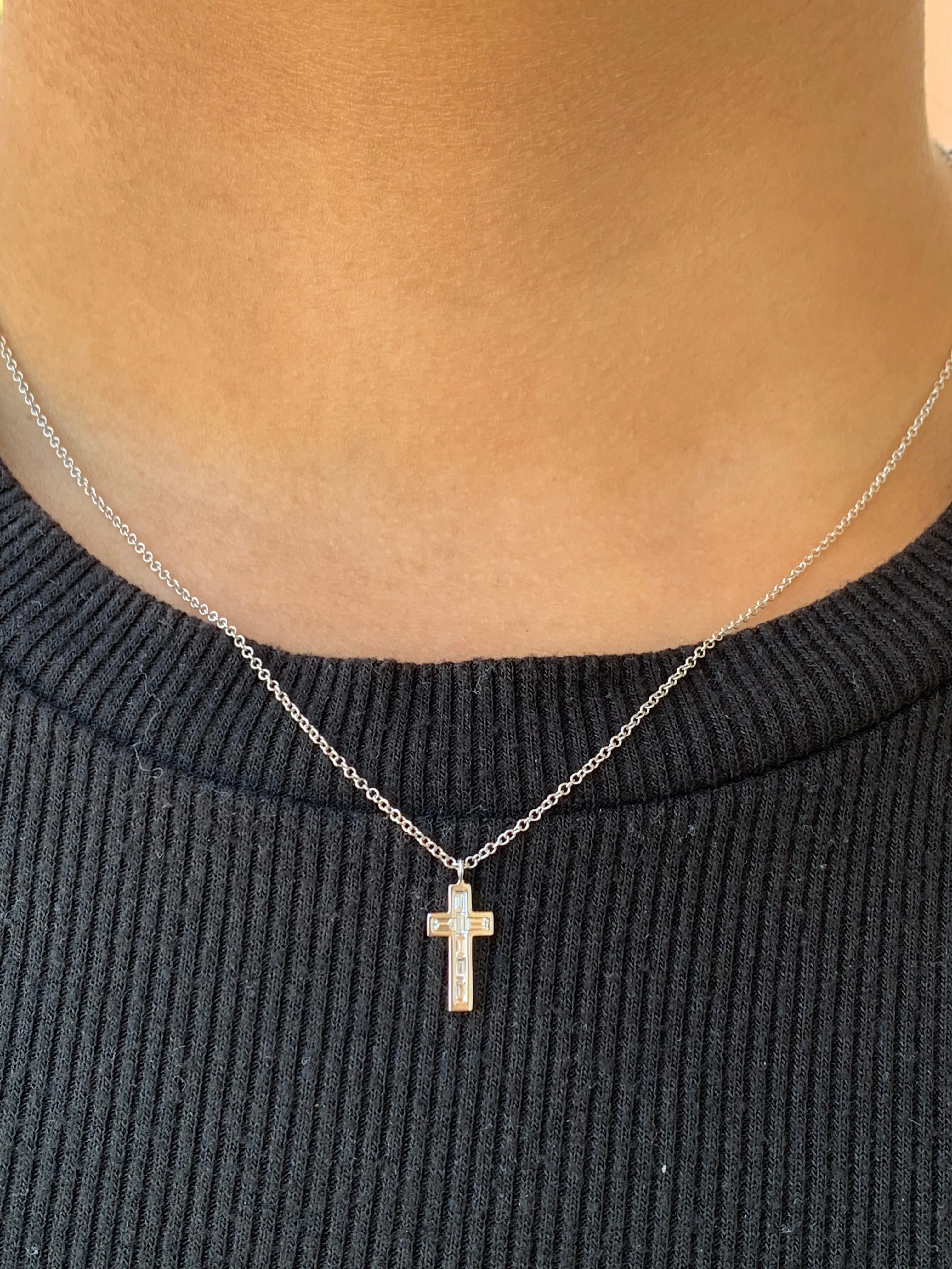 14k Gold Baguette Diamond Cross Necklace