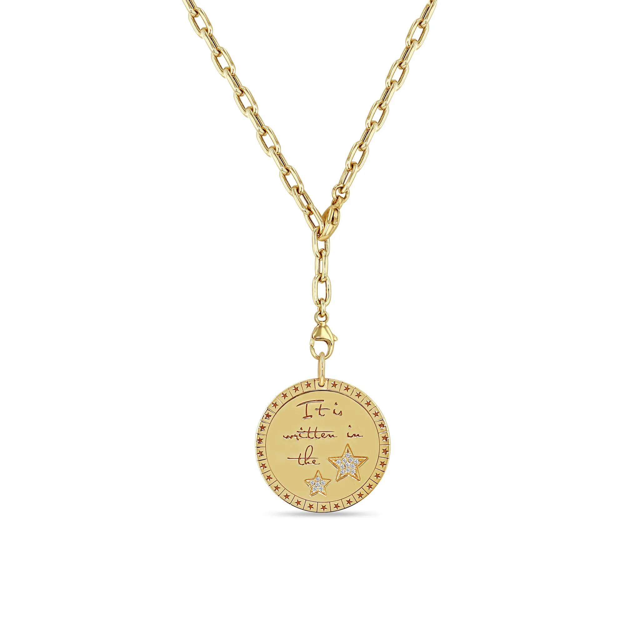 14k Large It is written in the Stars Mantra with Diamond Stars Adjustable Square Oval Chain Necklace