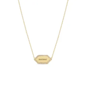 14k mama Elongated Hexagon Pavé Diamond Border Tag Necklace