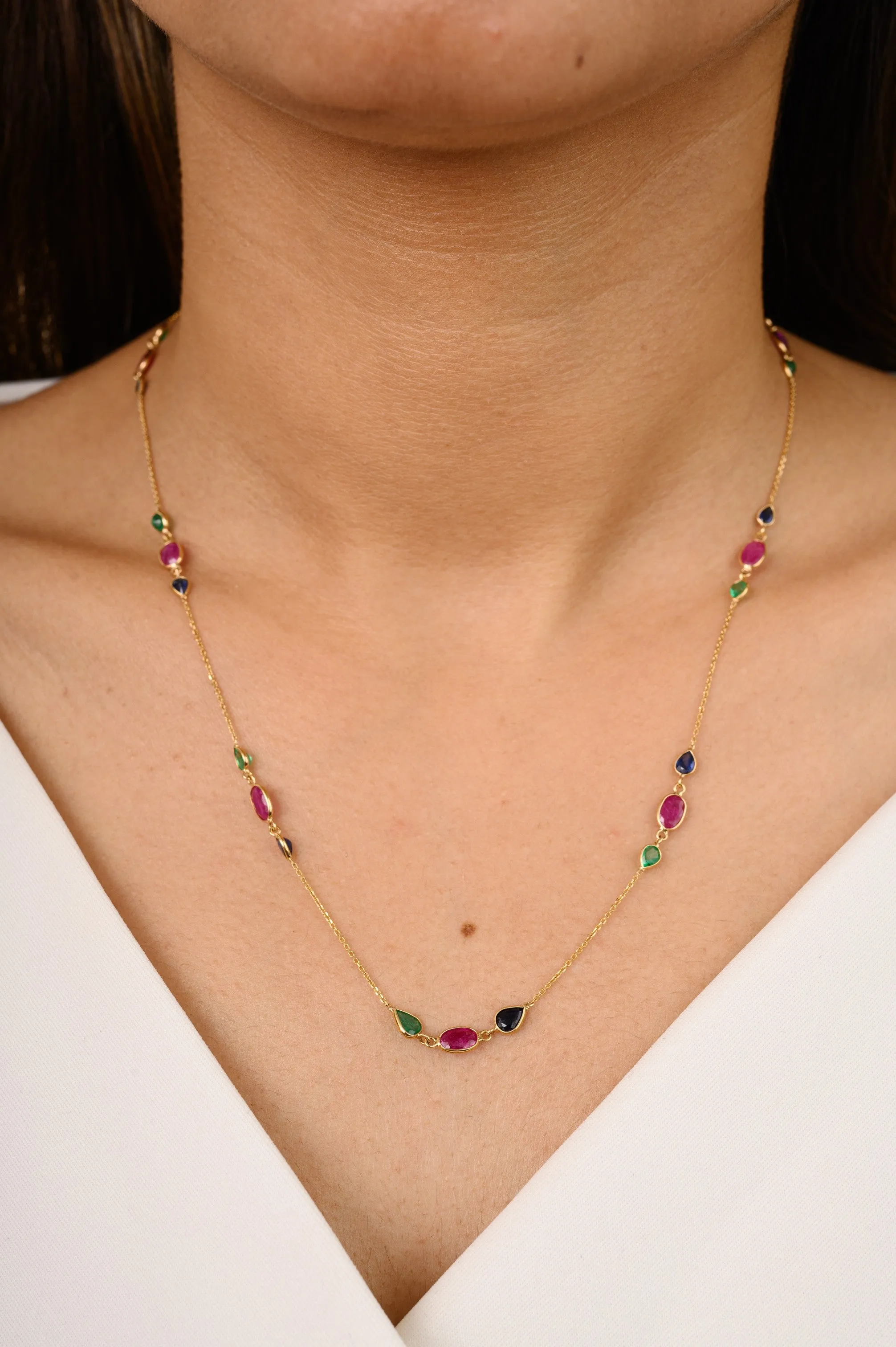 18K Solid Yellow Gold Multi Gemstone Station Necklace