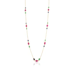 18K Solid Yellow Gold Multi Gemstone Station Necklace