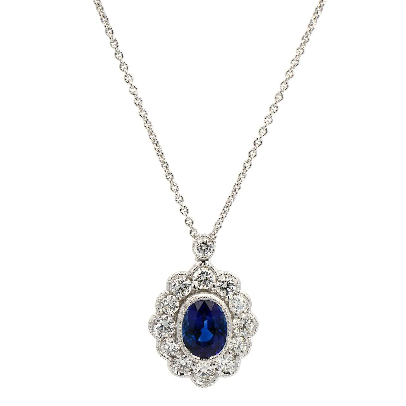 18K White Gold Sapphire Diamond Halo Necklace