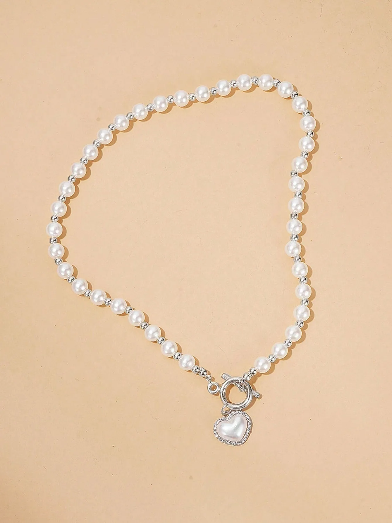 1pc Elegant Faux Pearl Beaded Heart Charm OT Buckle Necklace For Ladies For Daily Decoration