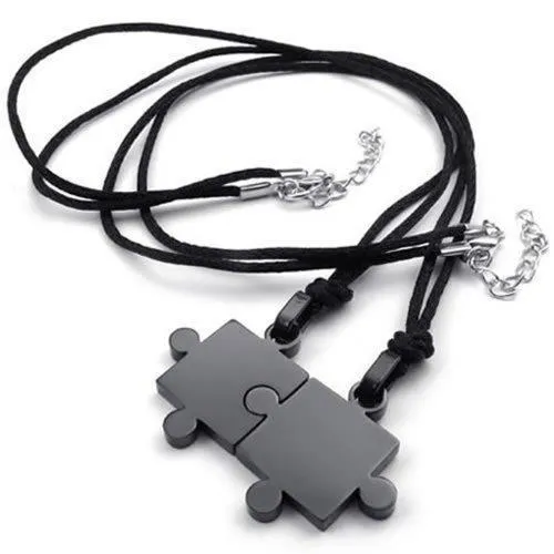 2pcs Men & Women Couples Stainless Steel Puzzle Pendant Love Necklace Set, Black