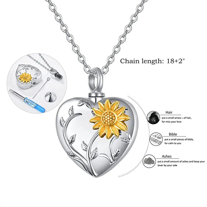 925 Sterling Silver Sunflower Urn Necklace for Ashes Cremation Jewelry for Ashes of Loved Ones Keepsake