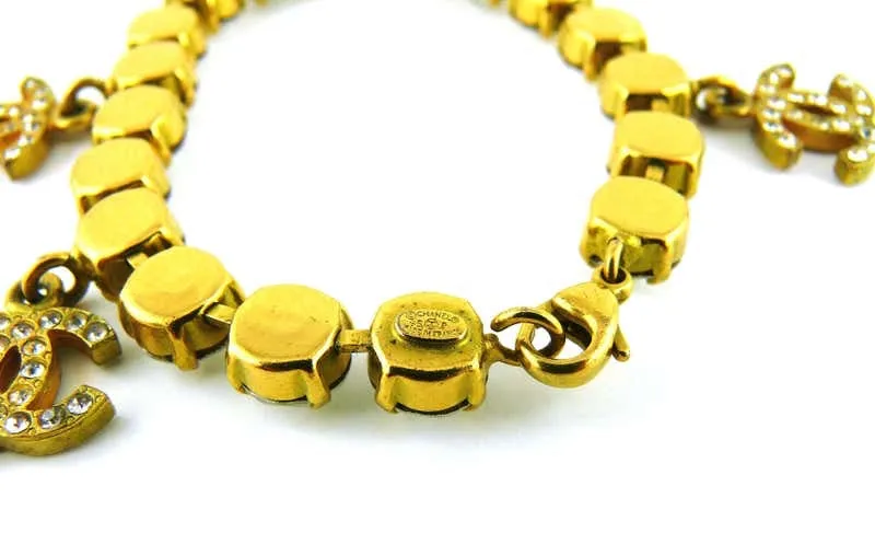 96P, 1996 Spring RARE Chanel Vintage Gold Metal Crystals CC Bracelet Necklace Set