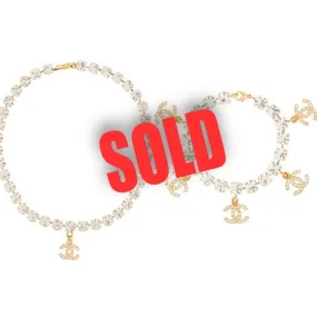 96P, 1996 Spring RARE Chanel Vintage Gold Metal Crystals CC Bracelet Necklace Set