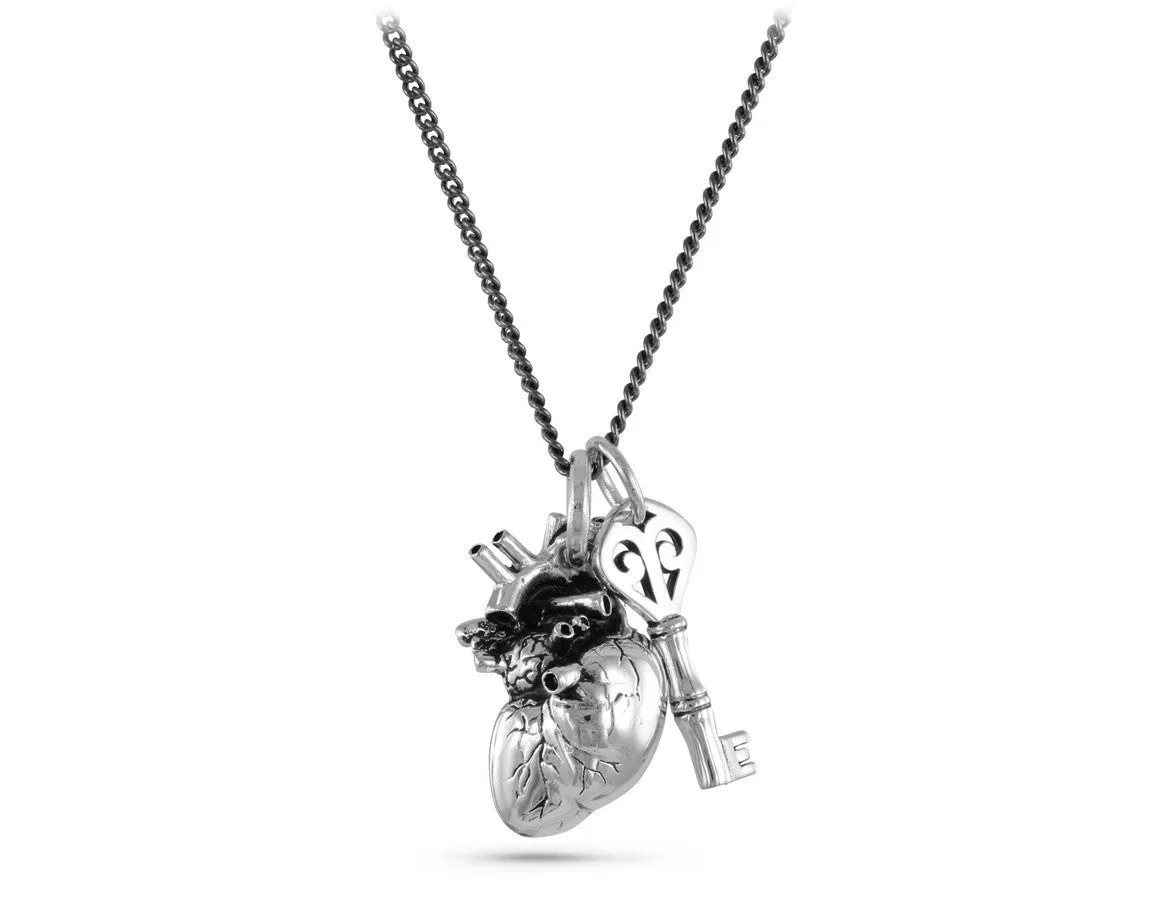 Anatomical Heart & Key Necklace - Silver