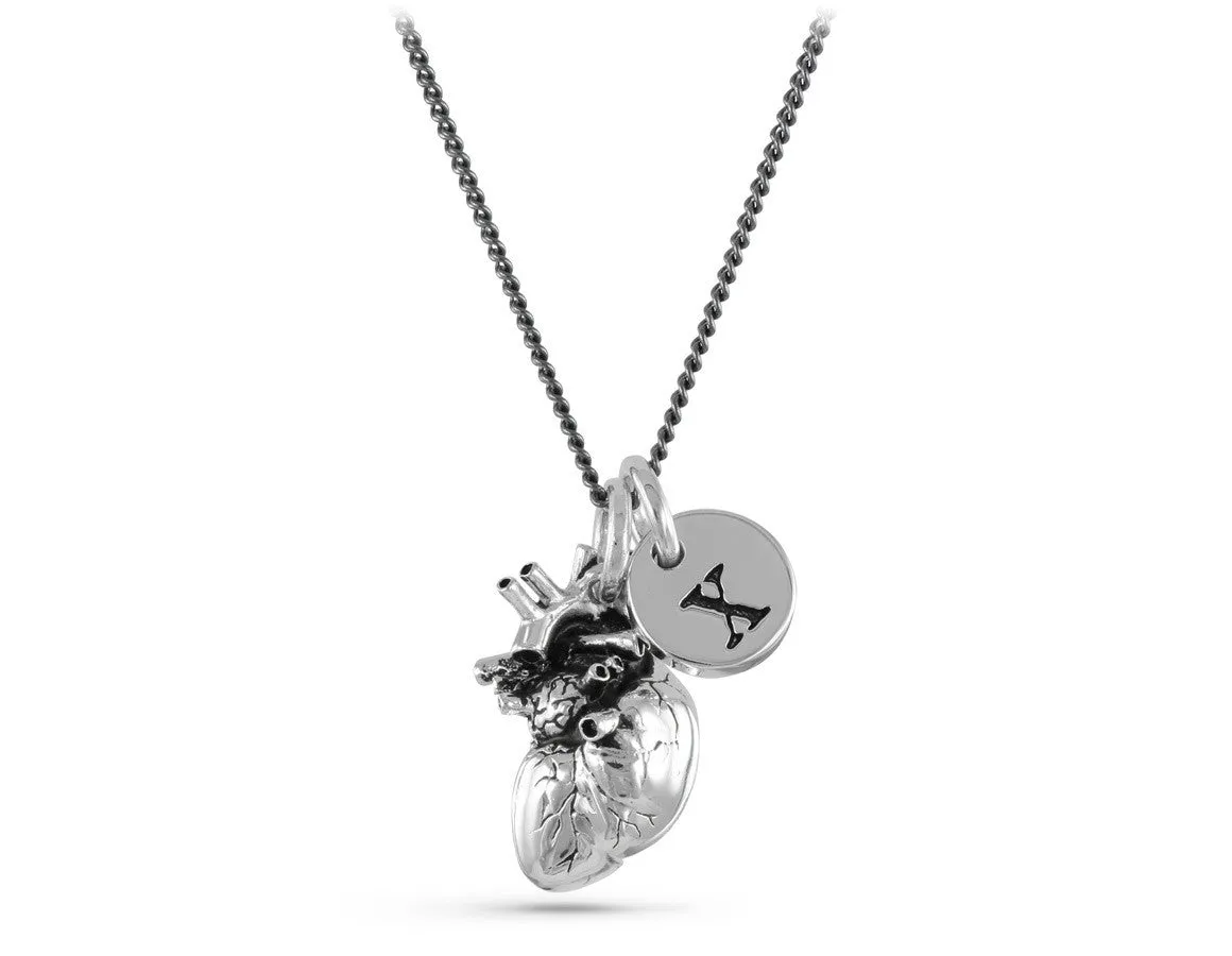 Anatomical Heart Necklace with Initial Charm - Silver