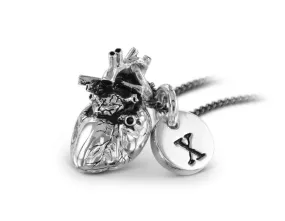 Anatomical Heart Necklace with Initial Charm - Silver