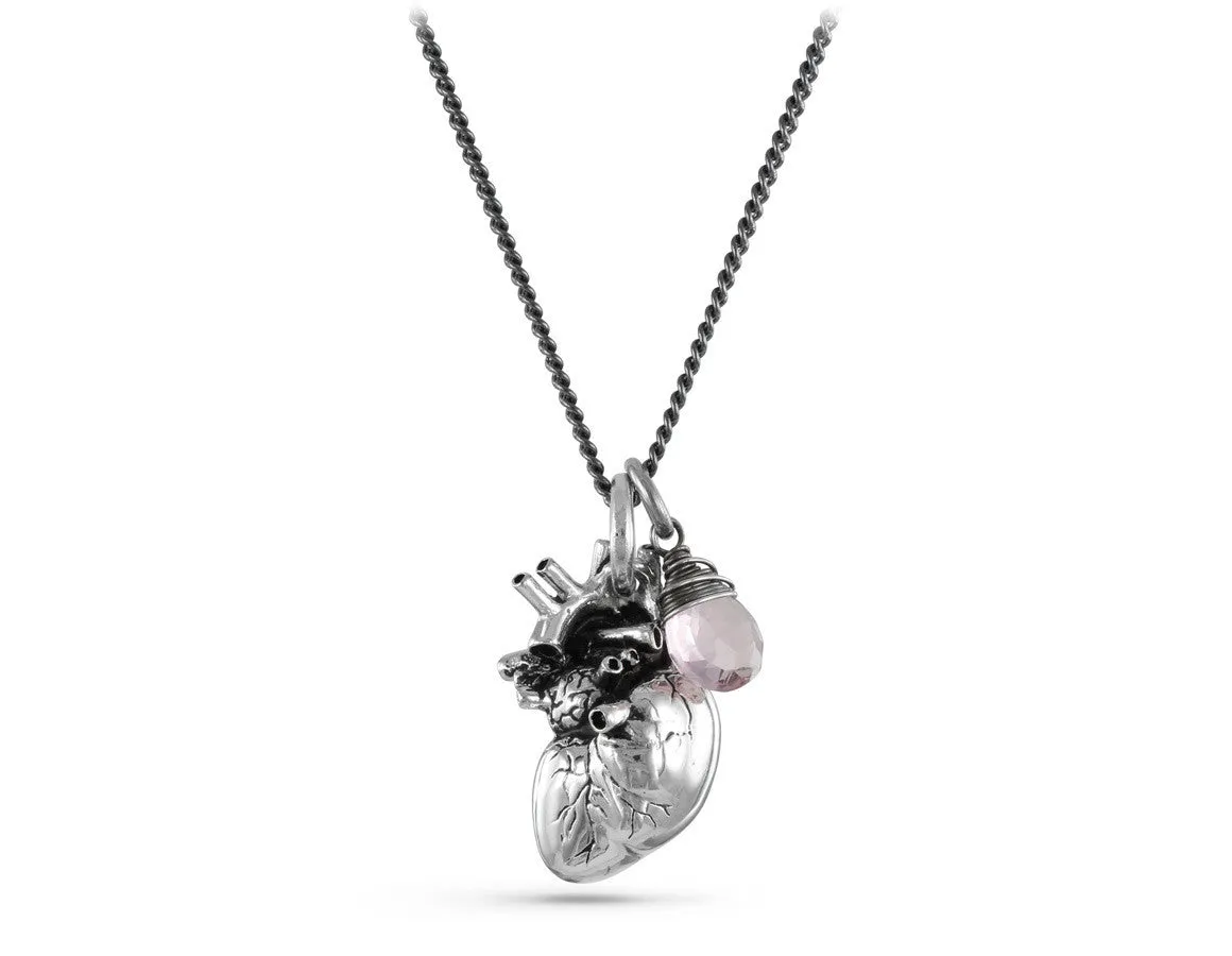 Anatomical Heart Necklace with Rose Quartz - Silver