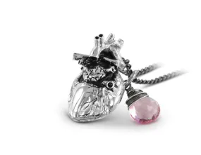 Anatomical Heart Necklace with Rose Quartz - Silver