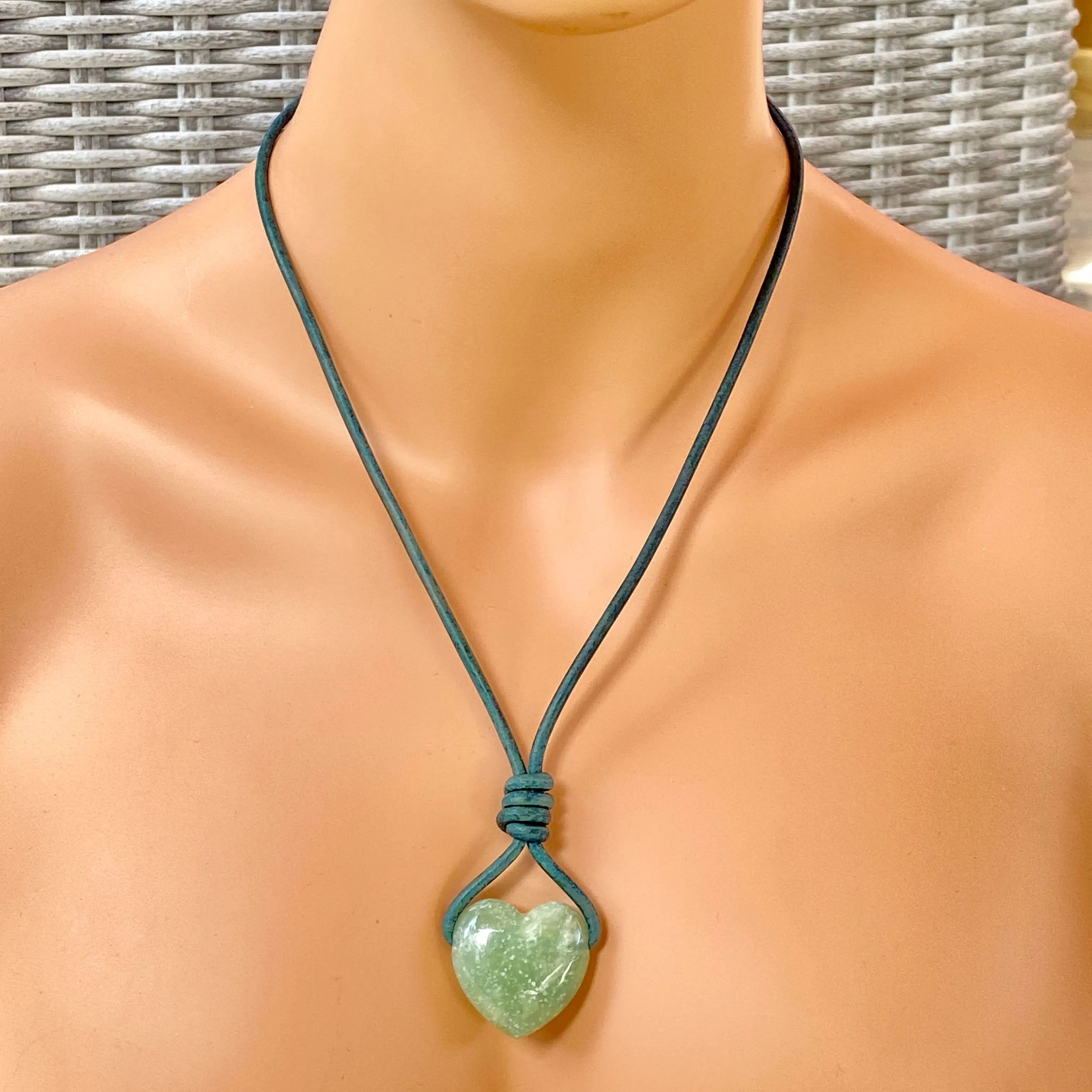 Aventurine Gemstone Heart on genuine Leather with Brass Clasp