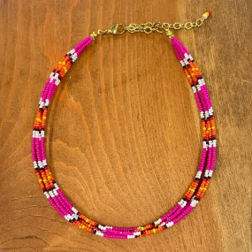 Aztec Seed Beaded Layered Choker Necklace in Pink Multicolor