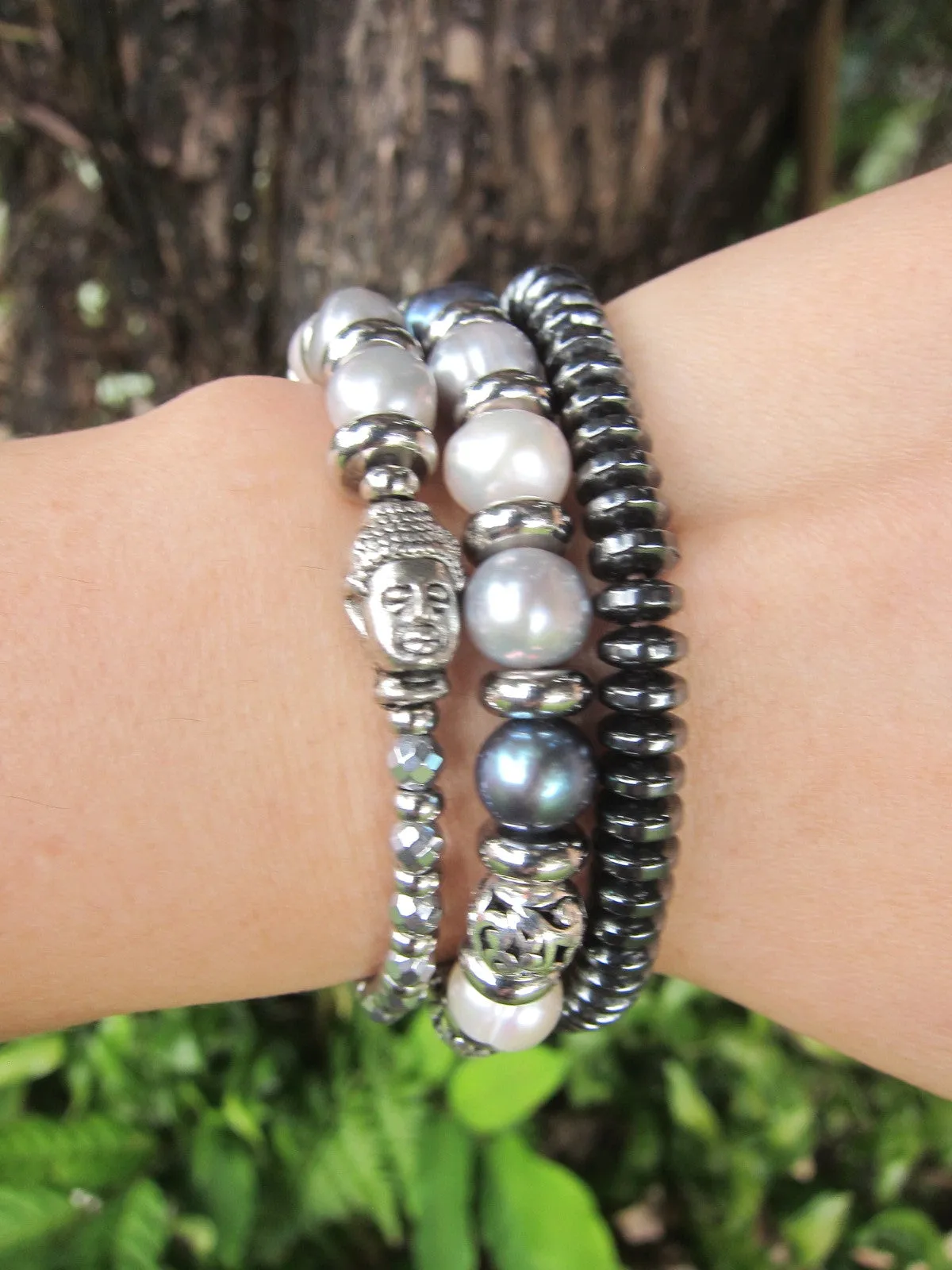 Balinese Baroque Grey Blue White Pearl Mala Bracelet - Balance, Fertility, Calming, Happiness