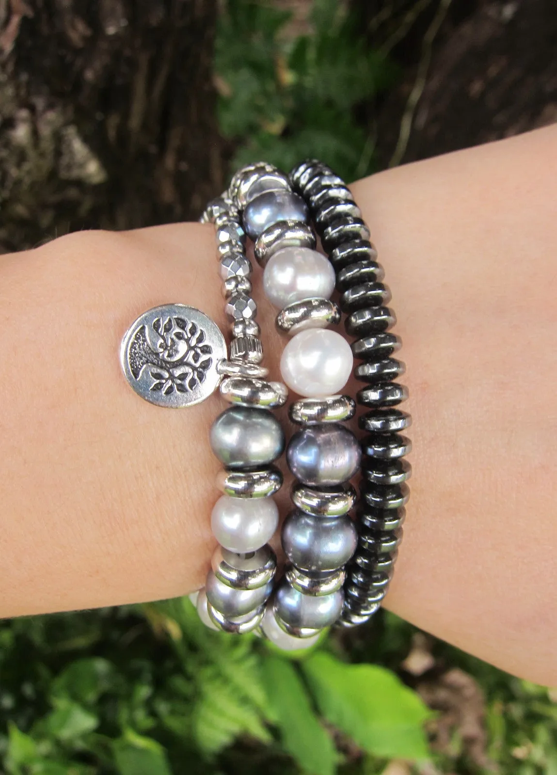 Balinese Baroque Grey Blue White Pearl Mala Bracelet - Balance, Fertility, Calming, Happiness