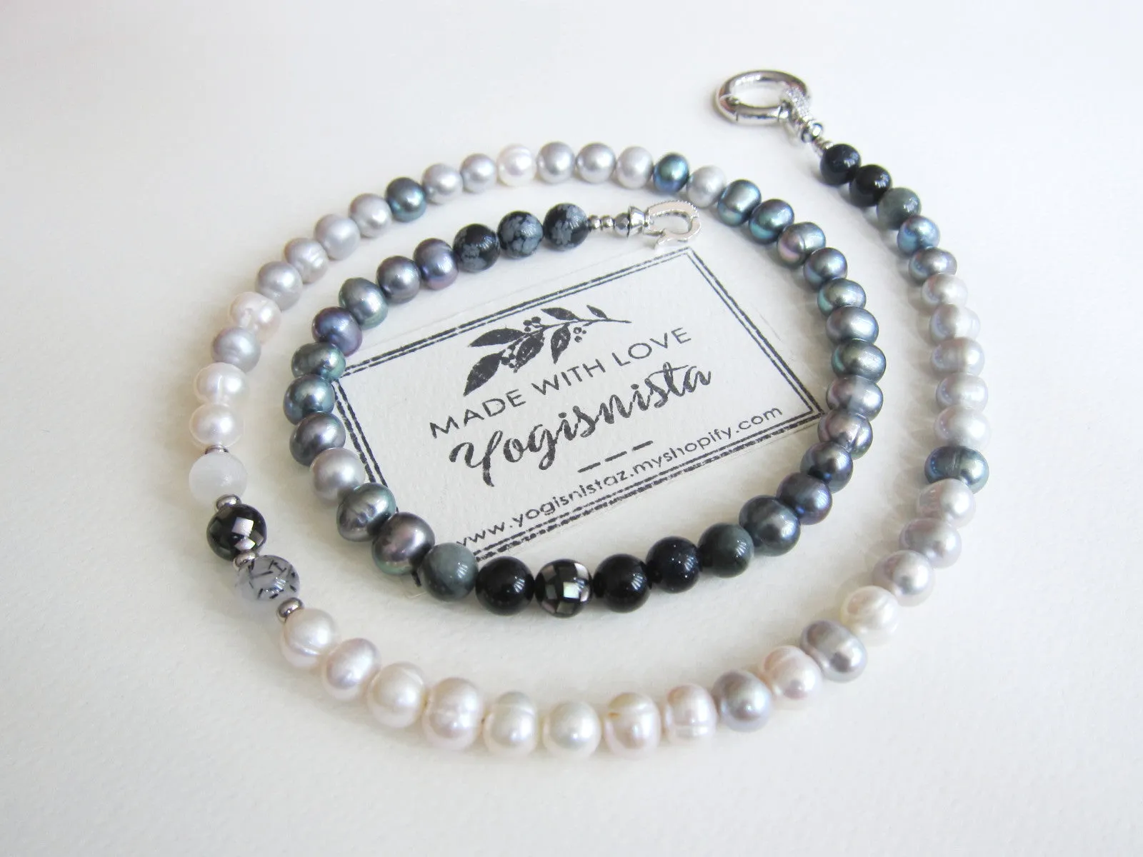 Balinese Baroque Grey Blue White Pearl Mala Bracelet - Balance, Fertility, Calming, Happiness