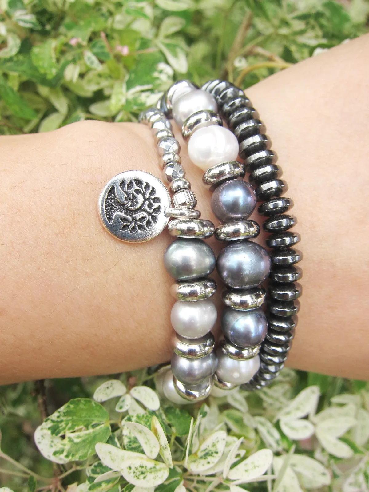 Balinese Baroque Grey Blue White Pearl Mala Bracelet - Balance, Fertility, Calming, Happiness