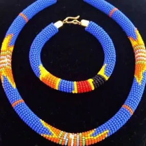 Beautiful Set of Blue Maasai Beaded Necklace and Bracelet