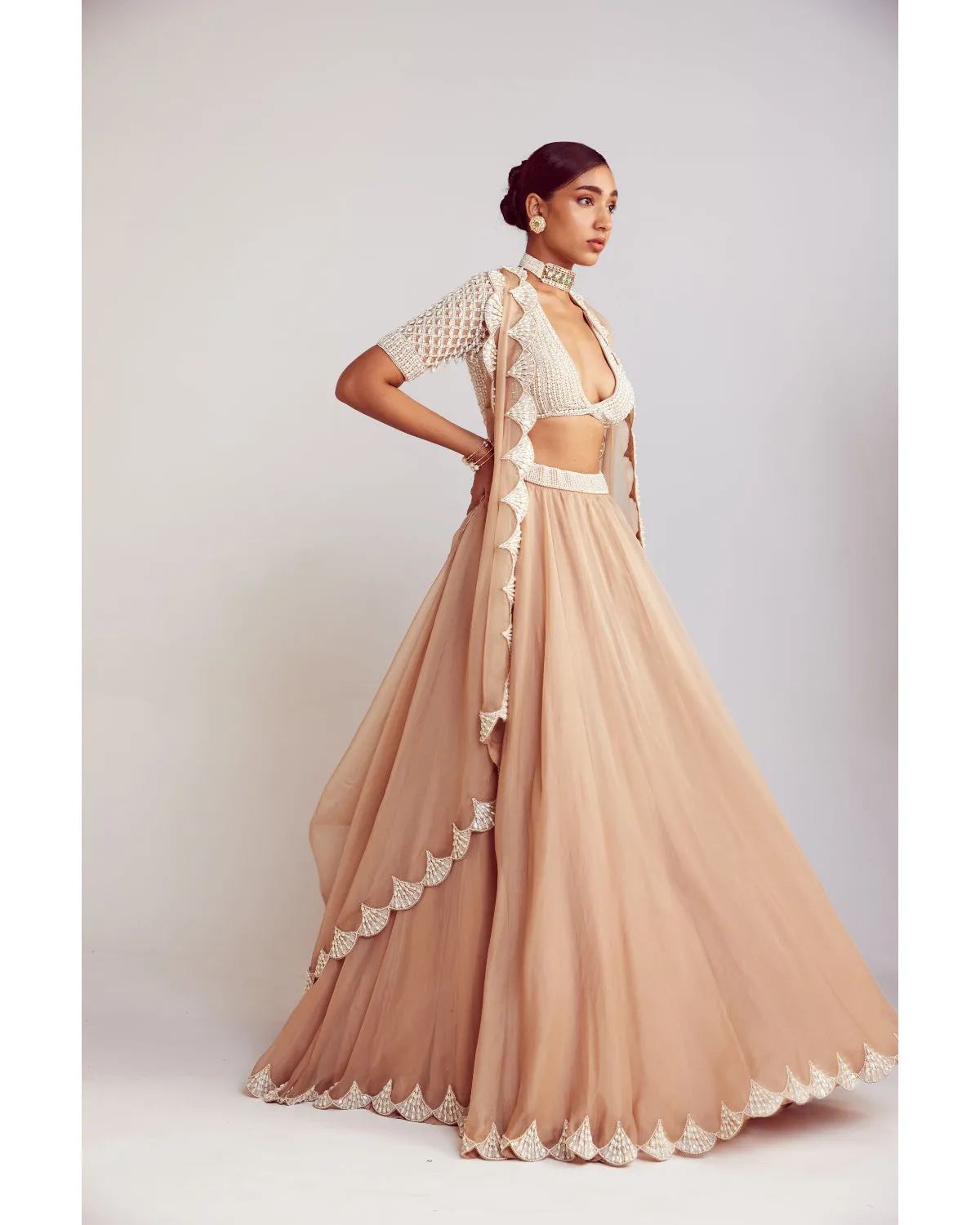 Beige Pearl Embellished Lehenga Set