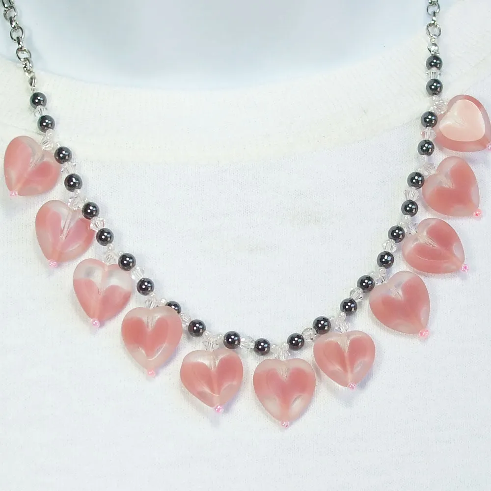 Bela, Pink Glass Hearts, Single Strand, Dangle Necklace