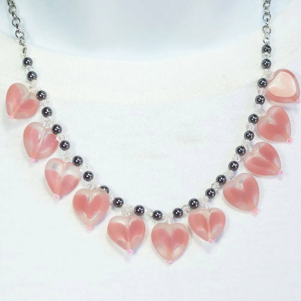 Bela, Pink Glass Hearts, Single Strand, Dangle Necklace