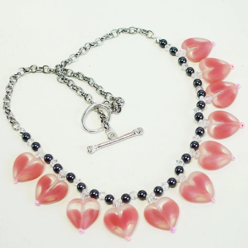 Bela, Pink Glass Hearts, Single Strand, Dangle Necklace