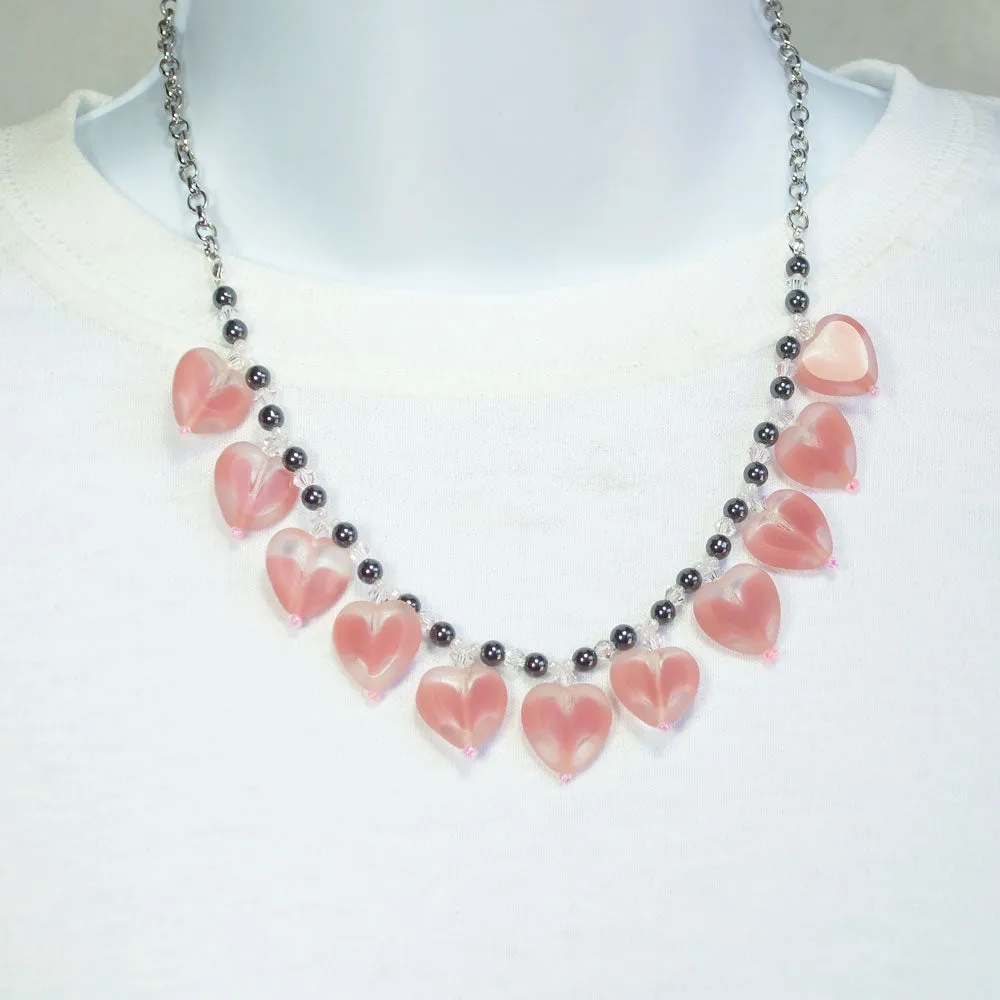 Bela, Pink Glass Hearts, Single Strand, Dangle Necklace