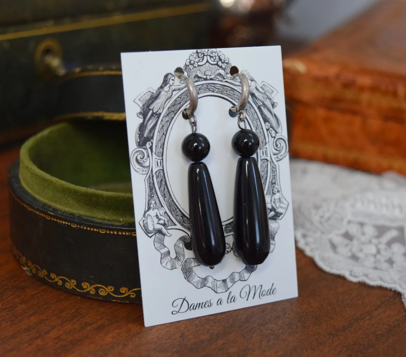 Black Onyx 2-stone Teardrop Earrings