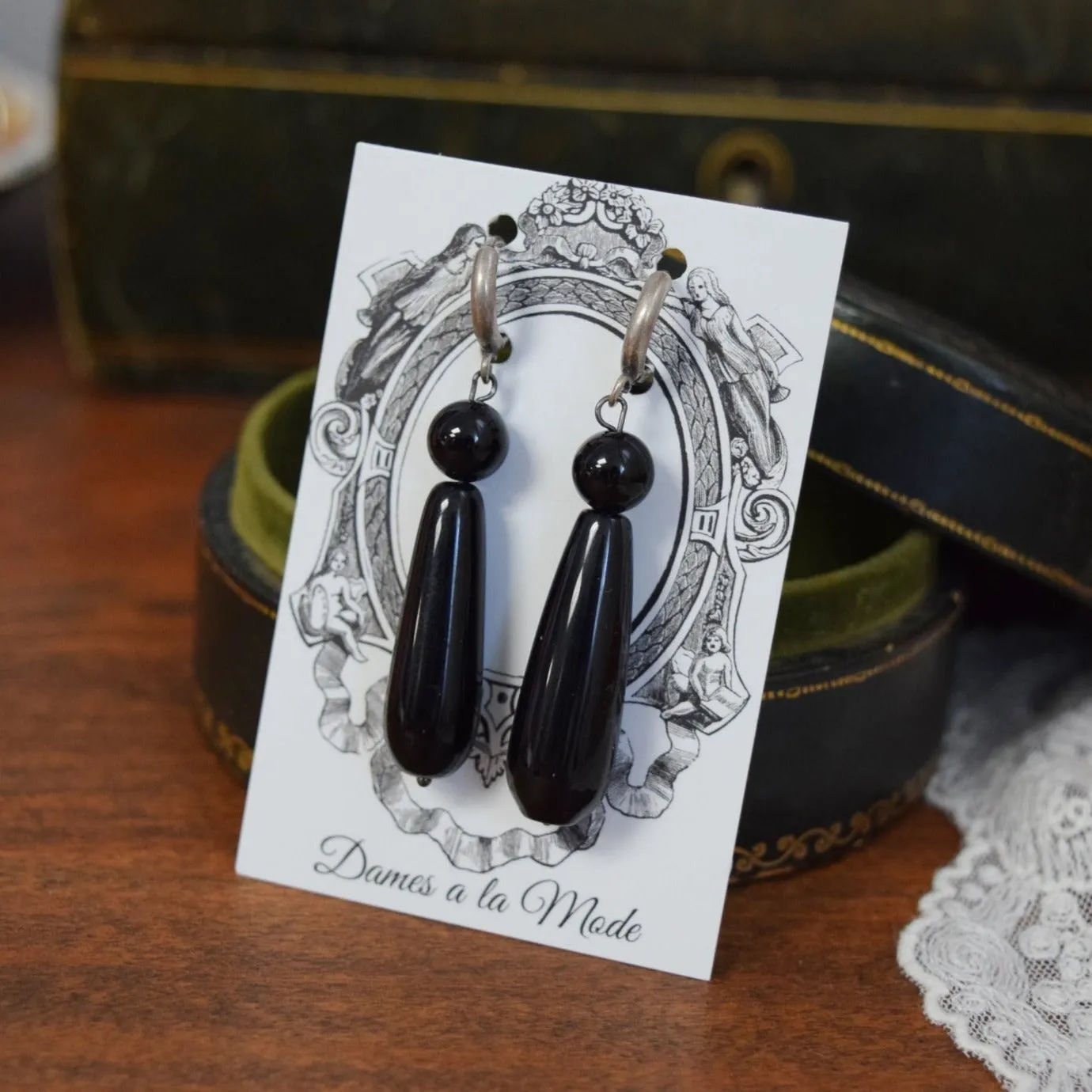 Black Onyx 2-stone Teardrop Earrings