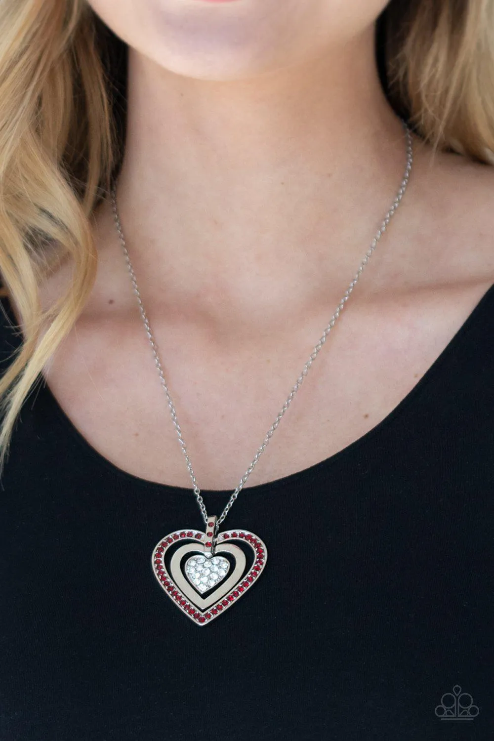 Bless Your Heart Red and White Rhinestone Heart Necklace - Paparazzi Accessories