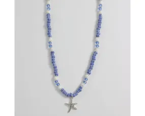 Blue & White Stripe Beaded Starfish Necklace