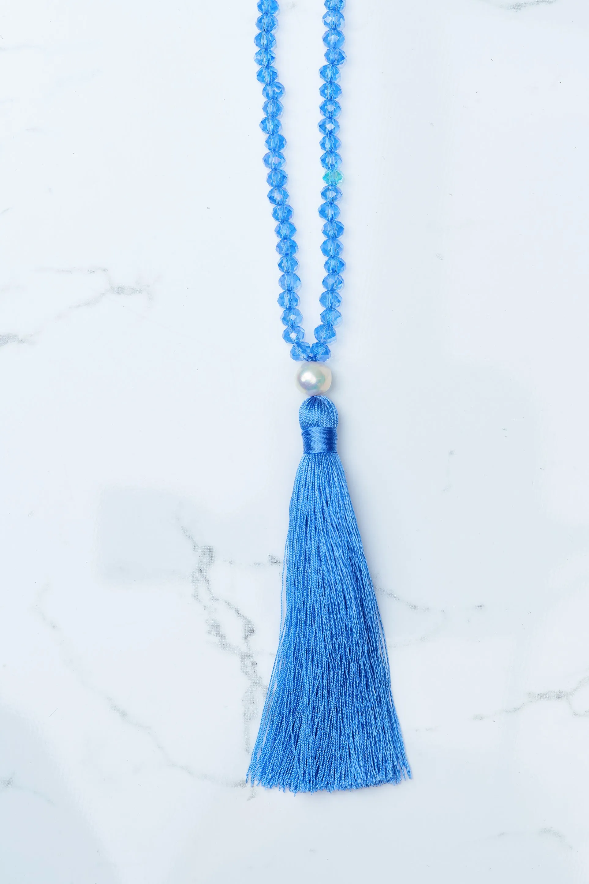 Blue Beaded Pearl Tassel Necklace