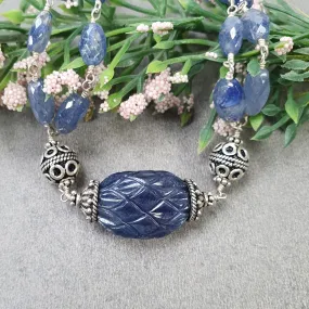 BLUE SAPPHIRE Gemstone Beads Chain Necklace : 925 Sterling Silver Natural Sapphire Hand Carved &Rose Cut Beads 22.5" Necklace