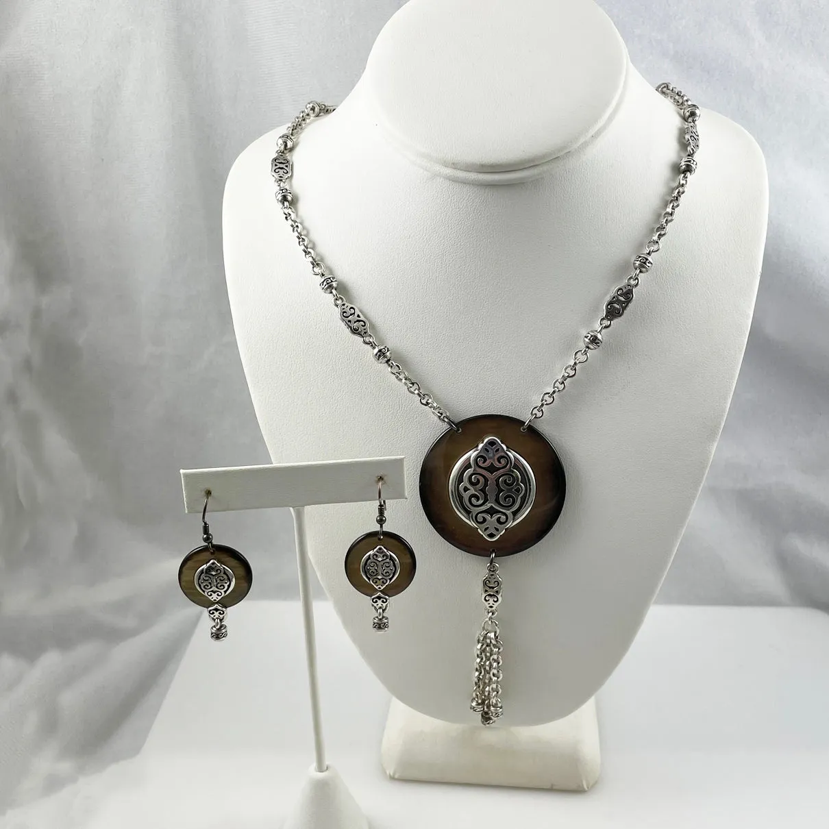 Brighton Silver & Mother of Pearl Necklace Earrings Set