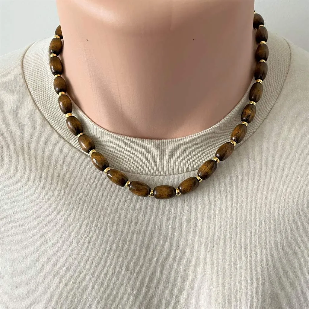 Brown Wood Barrel and Gold Beaded Mens Necklace