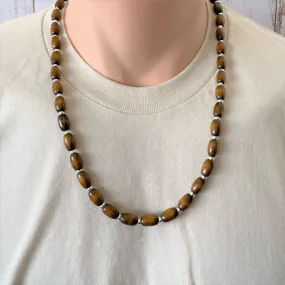 Brown Wood Barrel and Silver Beaded Mens Necklace