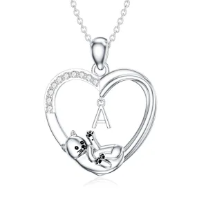 Cat Heart Necklace with Initial Silver Cat Initial Necklace 26 Alphabets Cat Jewelry Gift for Women Girls