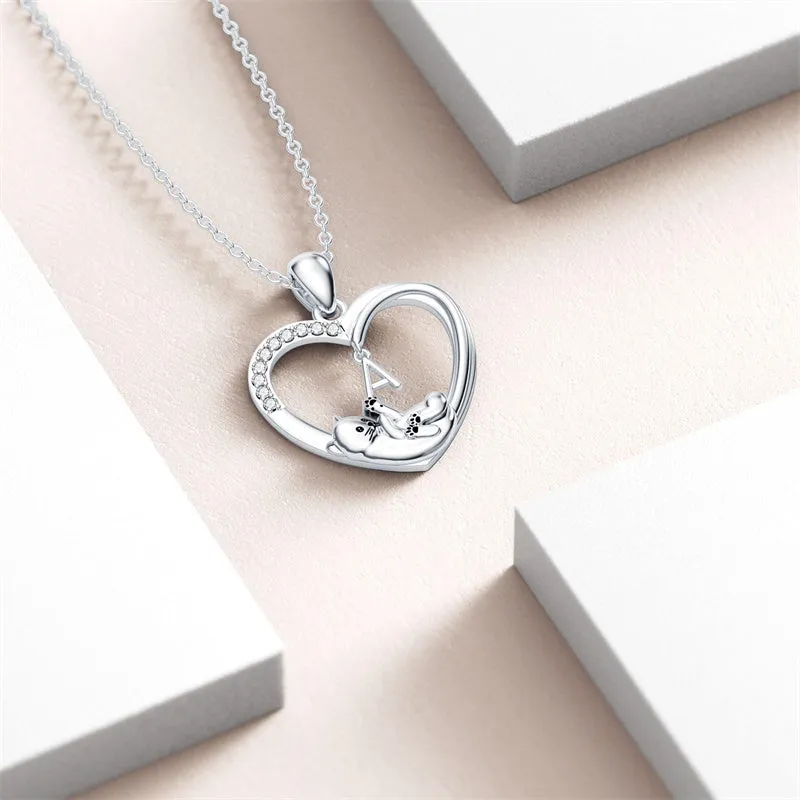 Cat Heart Necklace with Initial Silver Cat Initial Necklace 26 Alphabets Cat Jewelry Gift for Women Girls