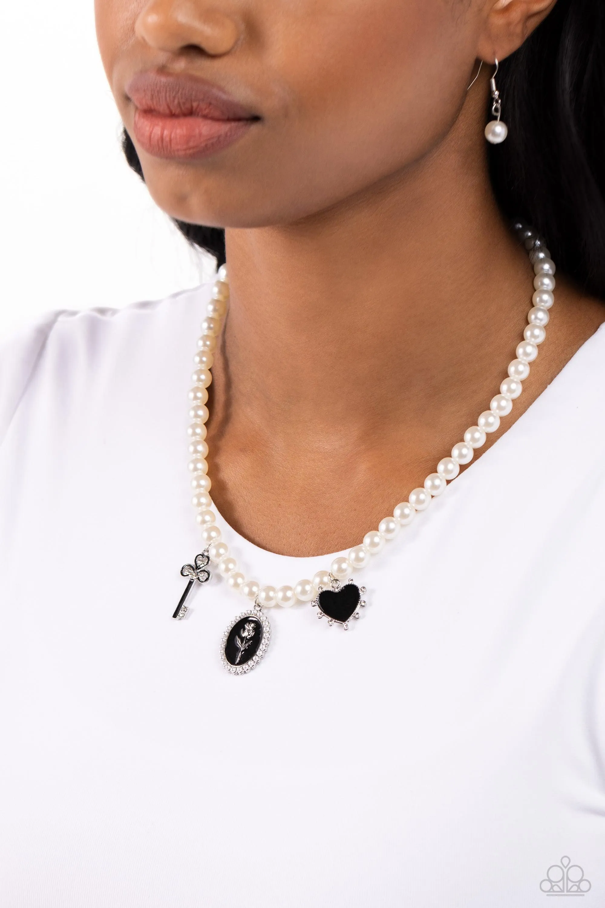 Charming Collision Black Charm & White Pearl Necklace - Paparazzi Accessories