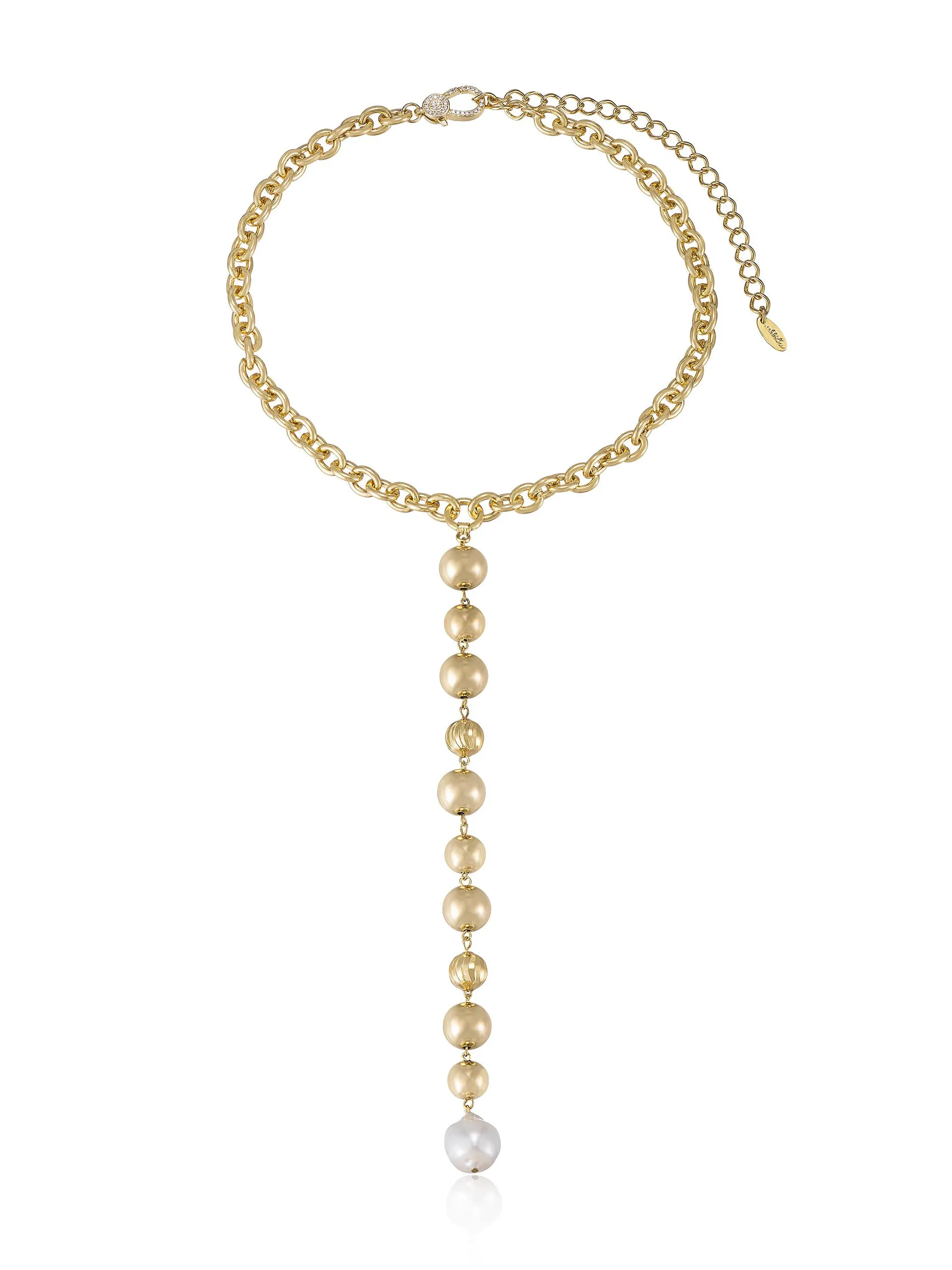 Deep Drop Pearl and 18k Gold Plated Lariat Necklace